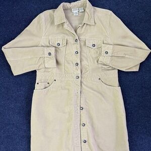 Vintage St. John Shirt Dress Womens Large Beige Corduroy Snap Front Long Sleeve